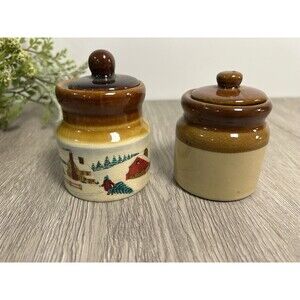Set Of 2 Vintage Miniature Crock Jars 3” Christmas Winter Scene & Plain Brown